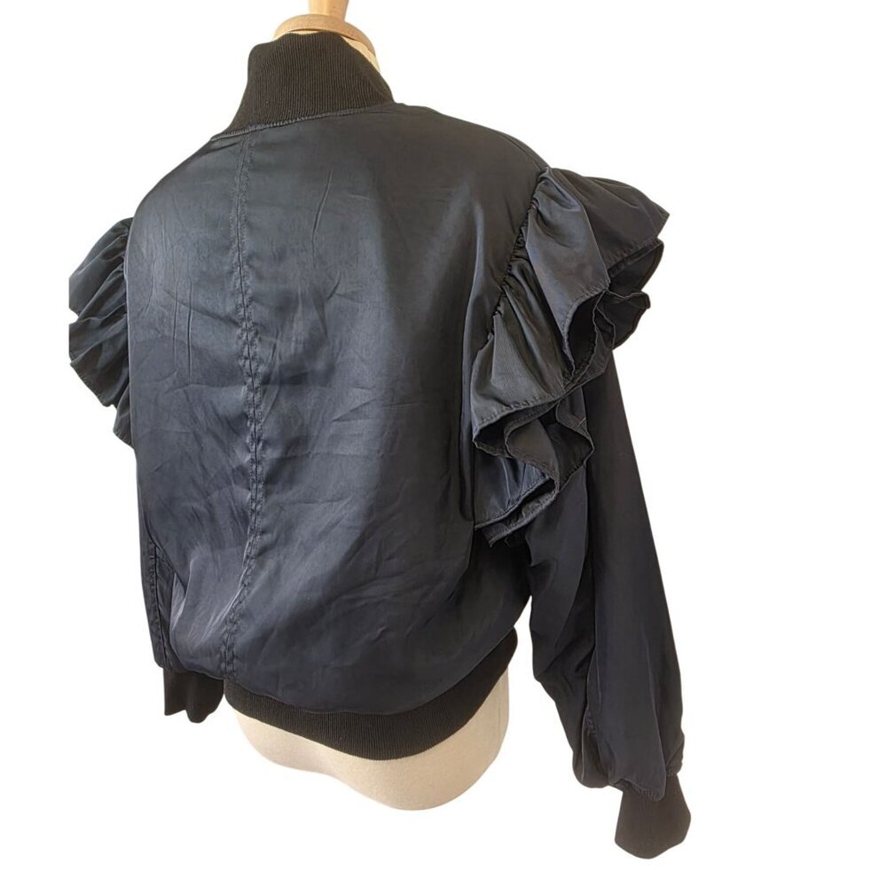 MABLE Ruffle Shoulder Bomber Jacket Womens Sz L Navy Silver Full Zip Cropped - Picture 5 of 13